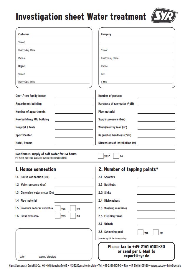 Investigation sheet Water treatment